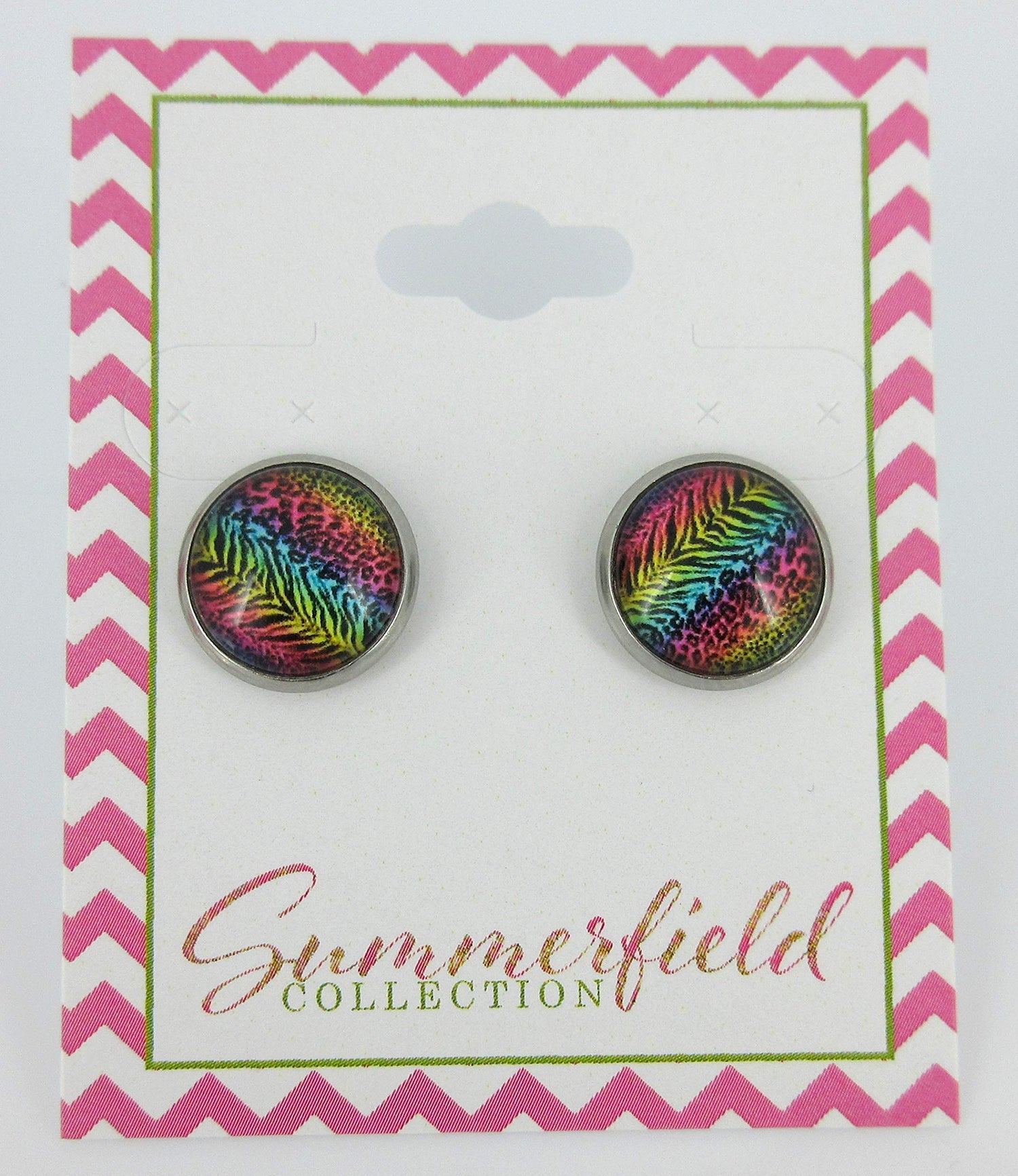 Stainless Steel Rainbow Tiger Animal Print Glass Stud Earrings 12mm