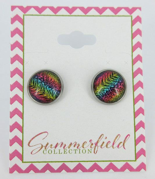 Stainless Steel Rainbow Tiger Animal Print Glass Stud Earrings 12mm