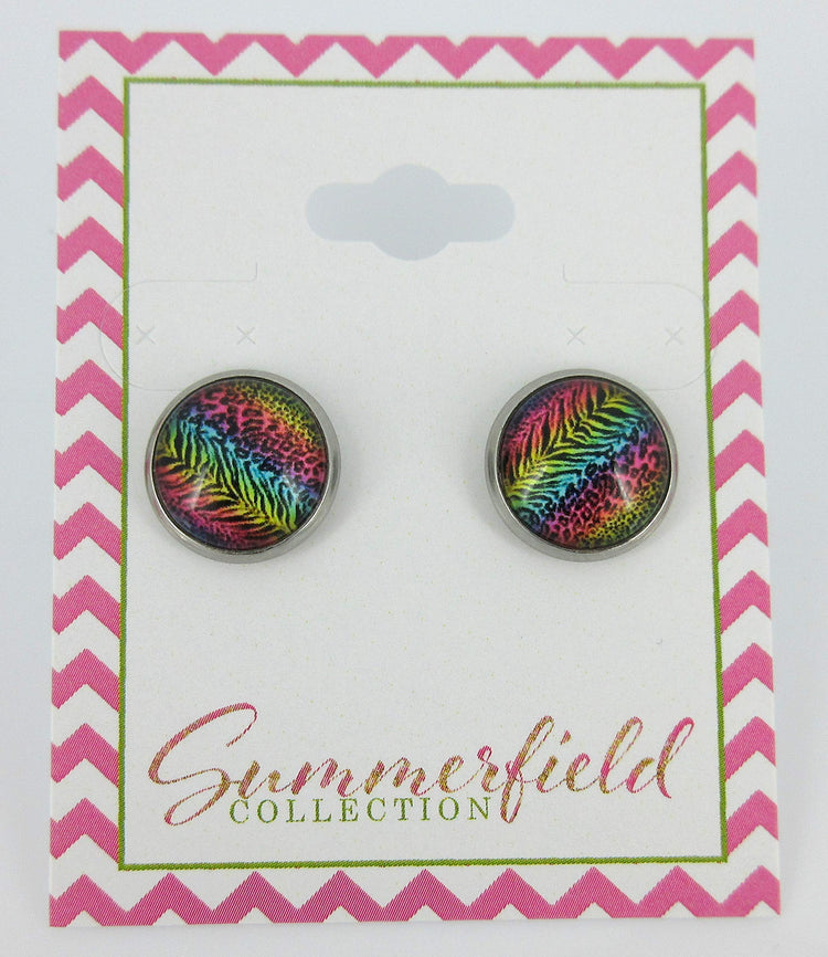 Stainless Steel Rainbow Tiger Animal Print Glass Stud Earrings 12mm