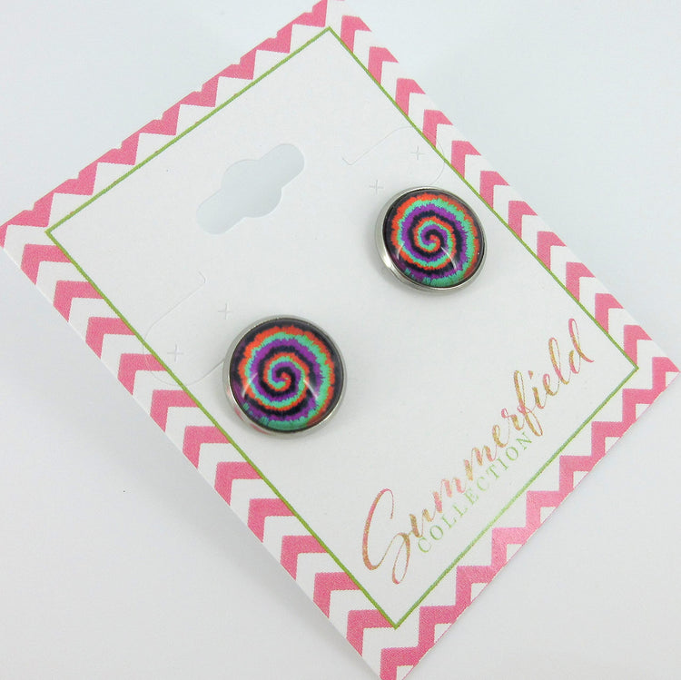 Stainless Steel Tie Dye Print Glass Stud Earrings 12mm (Halloween Swirl)