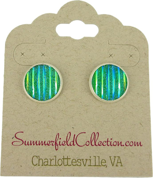 Summerfield Collection Silver-tone Frosted Metallic Stripe Stud Earrings 12mm (Green AB)