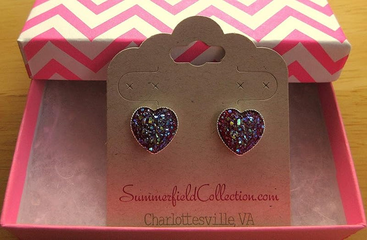 Summerfield Collection Silver-tone Heart Faux Druzy Stone Stud Earrings 12mm (Raspberry Pink AB)