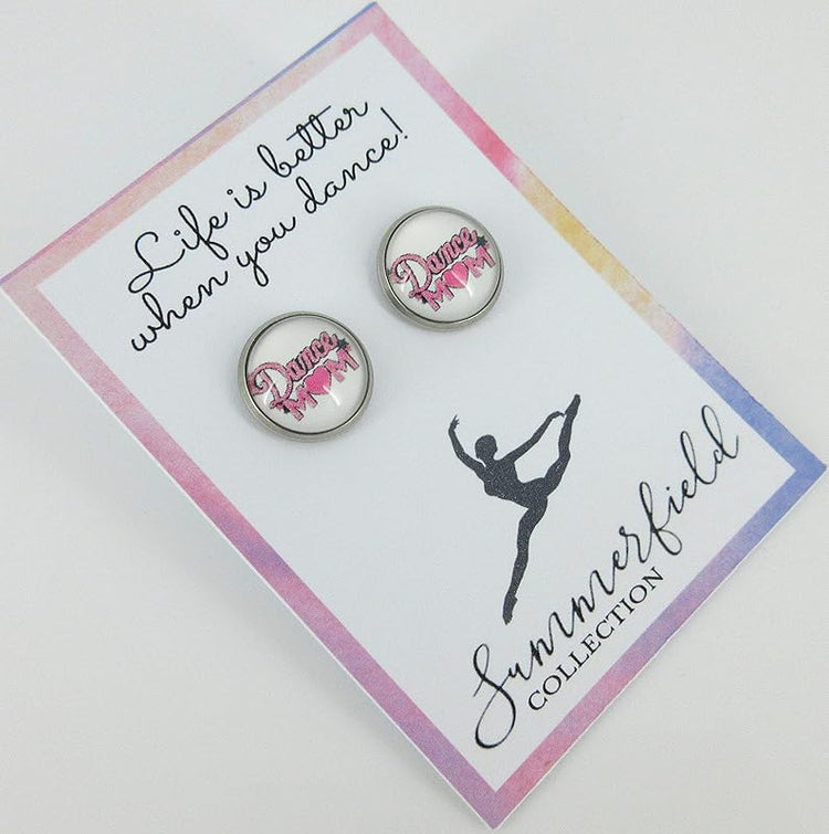 Summerfield Collection Stainless Steel Dance Mom Print Glass Stud Earrings 12mm (White and Pink w/Heart)