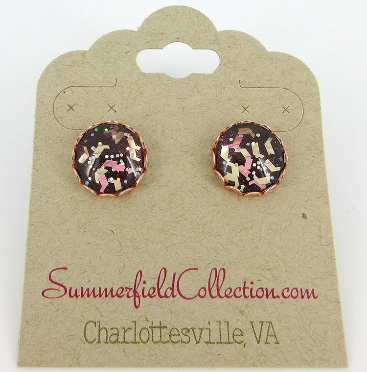 Summerfield Collection Rose Gold-tone Chevron Flake Glitter Glass Stud Earrings 12mm Hand-painted