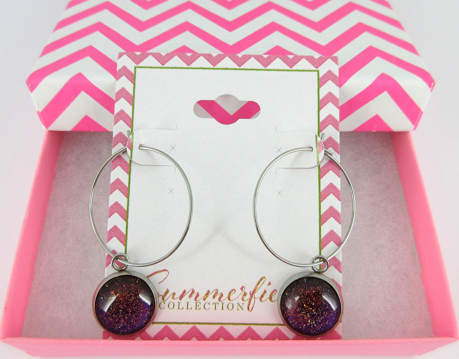 Stainless Steel Blue Red Purple and Gold Glitter Glass Charm Hoop Earrings Hand-painted 1"