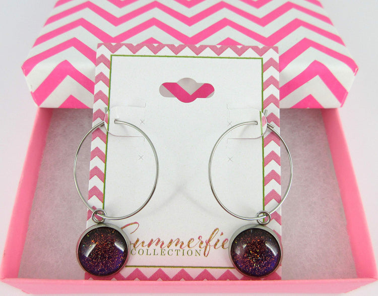 Stainless Steel Blue Red Purple and Gold Glitter Glass Charm Hoop Earrings Hand-painted 1"