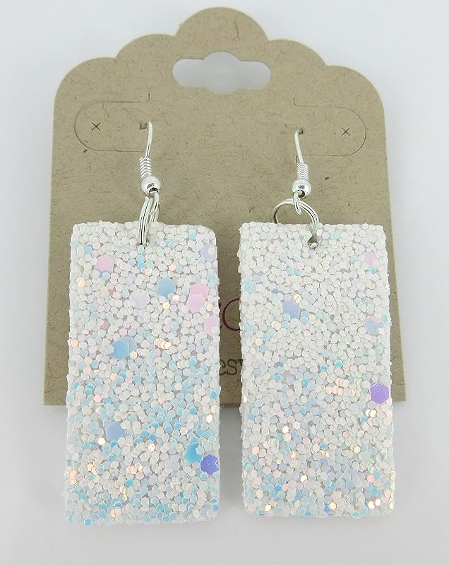 Summerfield Collection Silver-tone Glitter Faux Leather Large Rectangle Dangle Earrings (White)