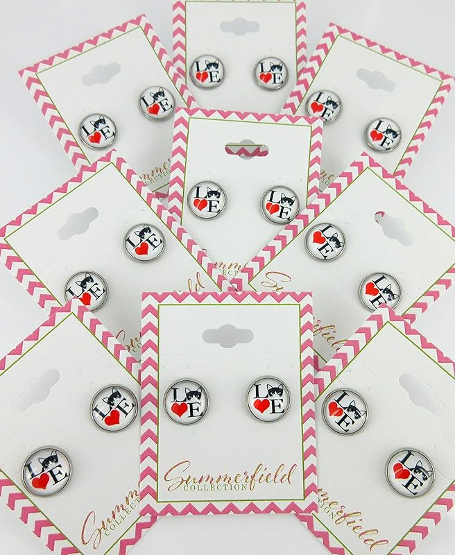 Summerfield Collection Stainless Steel Cat Lover Printed Glass Stud Earrings 12mm (LOVE Cats)