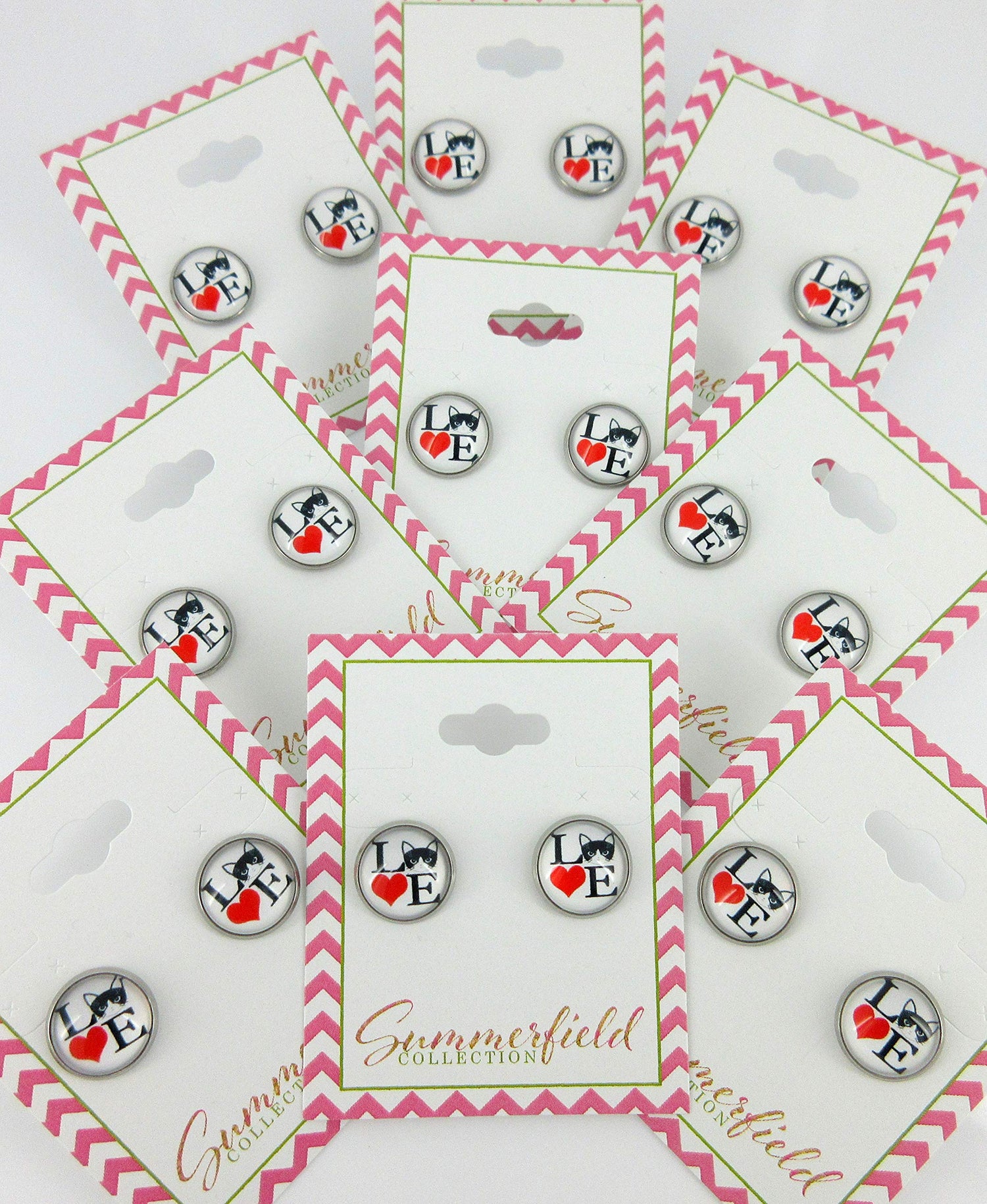 Stainless Steel Love Cats Print Glass Stud Earrings 12mm White Black Red