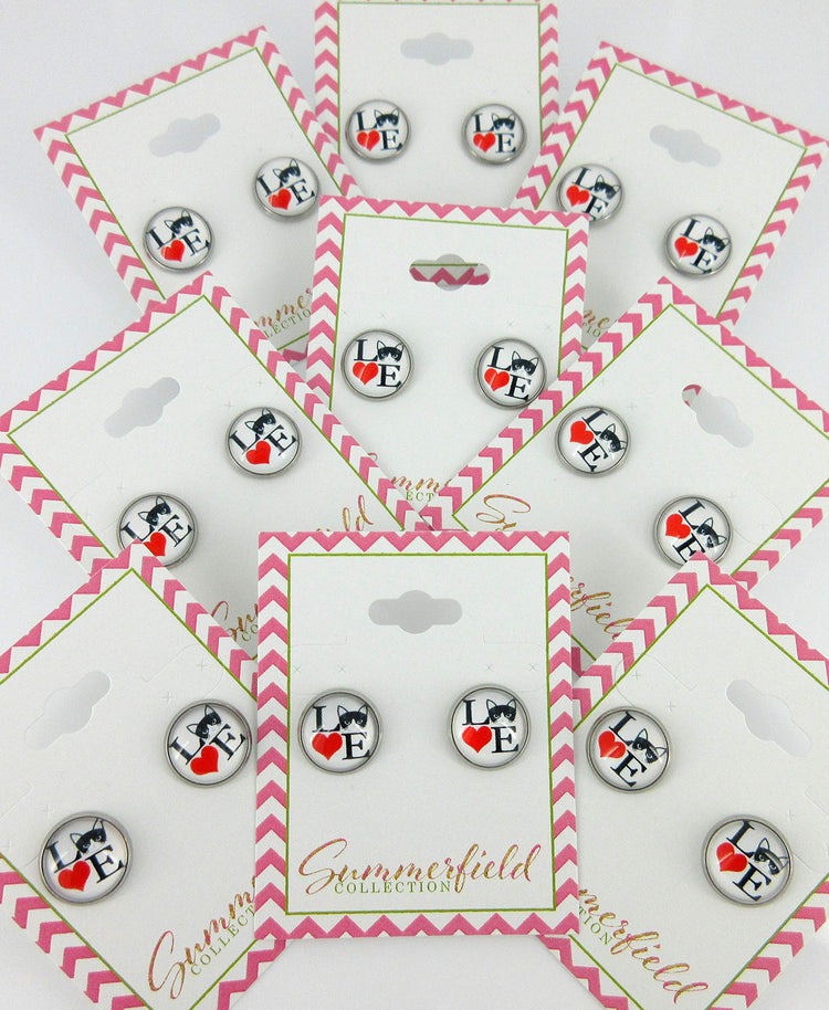 Stainless Steel Love Cats Print Glass Stud Earrings 12mm White Black Red