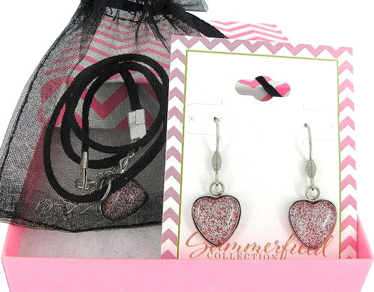 Summerfield Collection Red and Holographic Hand-painted Glass Heart Choker Necklace Faux Black Suede Cord Dangle Earrings Set