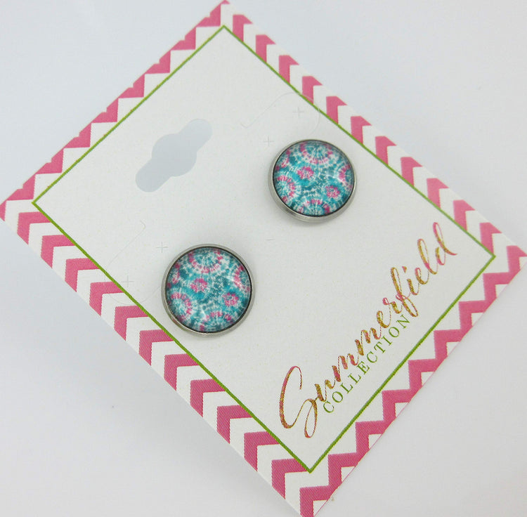 Stainless Steel Tie Dye Print Glass Stud Earrings 12mm (Aqua/Blue/Pink/Green)