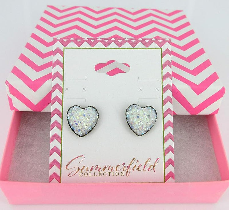 Summerfield Collection Antiqued Gold-tone White AB Heart Faux Druzy Stone Stud Earrings 12mm
