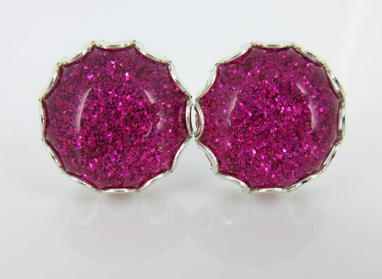 Summerfield Collection Trio Silver-tone Stud Earrings Pink Faux Druzy Stone AB Mermaid Scale Glitter Resin Set 12mm