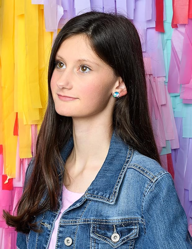 Summerfield Collection Stainless Steel Night Sky Planet Alien UFO Scene Print Glass Stud Earrings 12mm