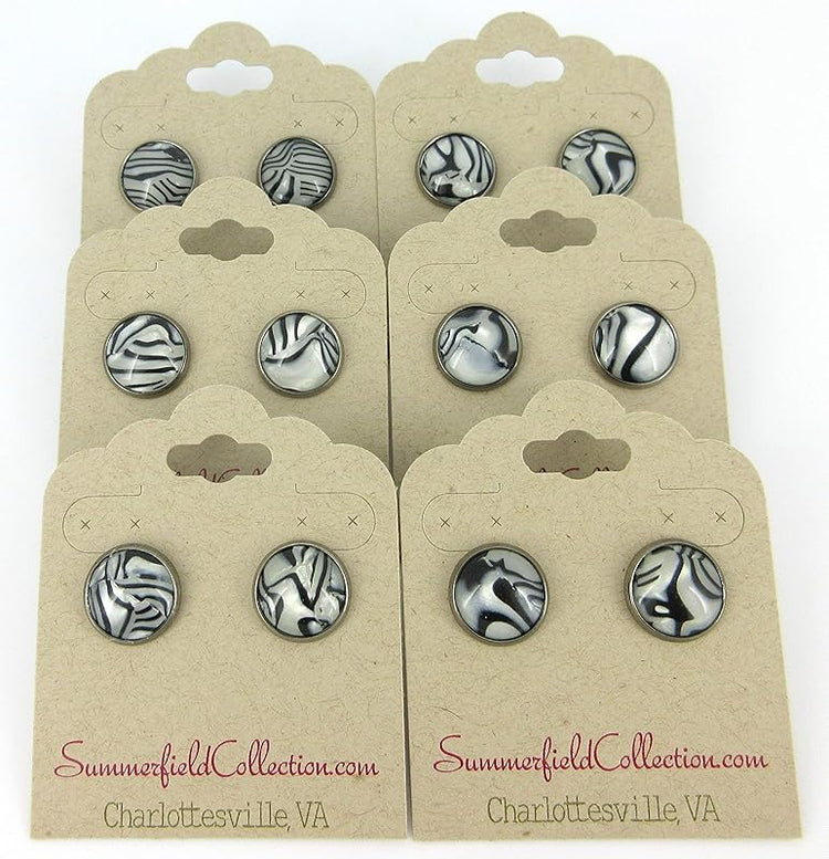 Summerfield Collection Hematite-tone Black and White Zebra Print Stud Earrings 12mm