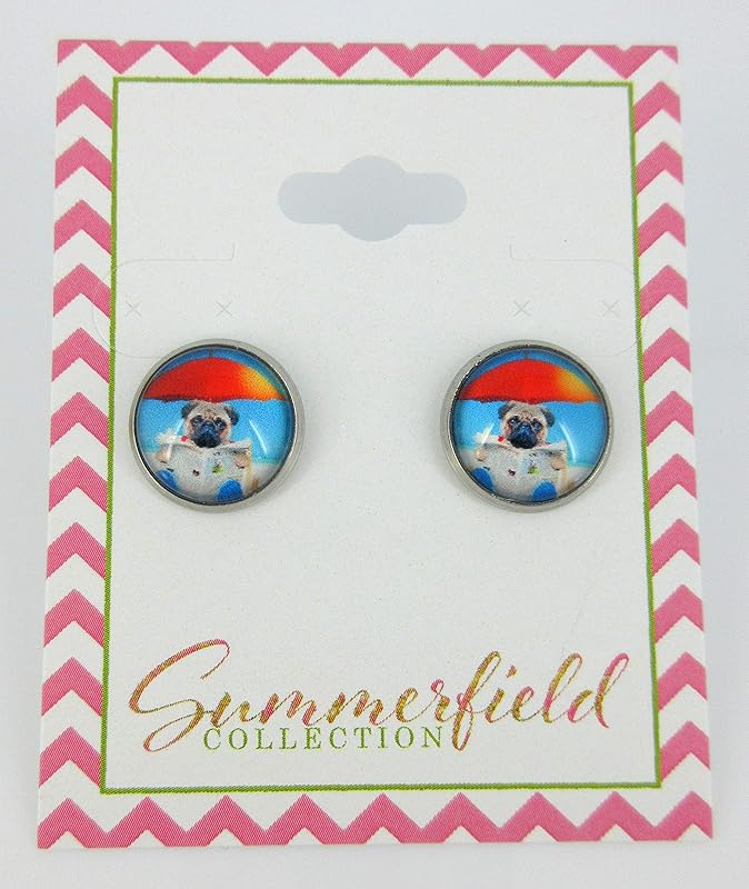 Summerfield Collection Stainless Steel Pug Dog on the Beach Print Glass Stud Earrings 12mm