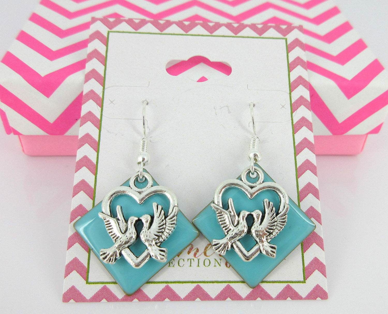 Silver-tone Robin Egg Blue Enamel Love Bird Charm Dangle Earrings