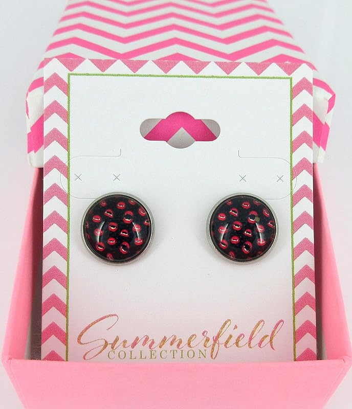 Summerfield Collection Stainless Steel Halloween Printed Glass Stud Earrings 12mm (Vampire Kisses)