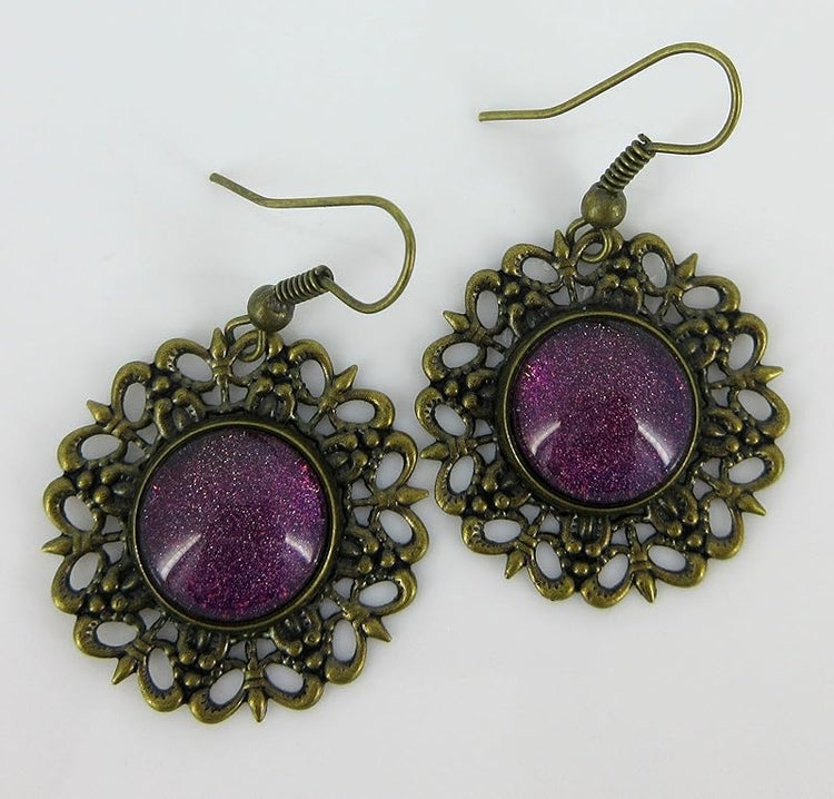 Summerfield Collection Antiqued Gold-tone Purple Glitter Glass Medallion Dangle Earrings Hand-painted