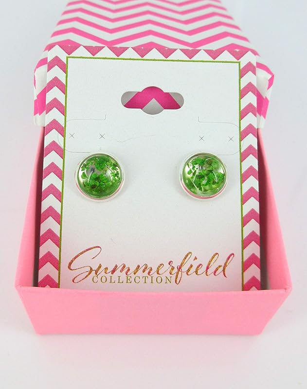 Summerfield Collection Silver-tone Clear and Dried Flower Resin Stud Earrings 10mm (Green)