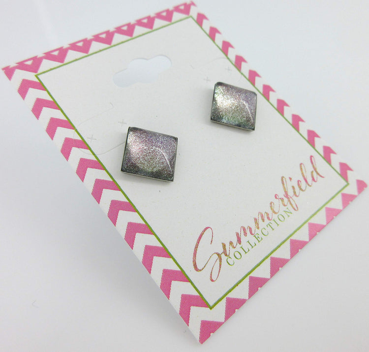 Stainless Steel Charcoal Gray Purple Green Glitter Glass Stud Earrings Hand-painted Square 10mm