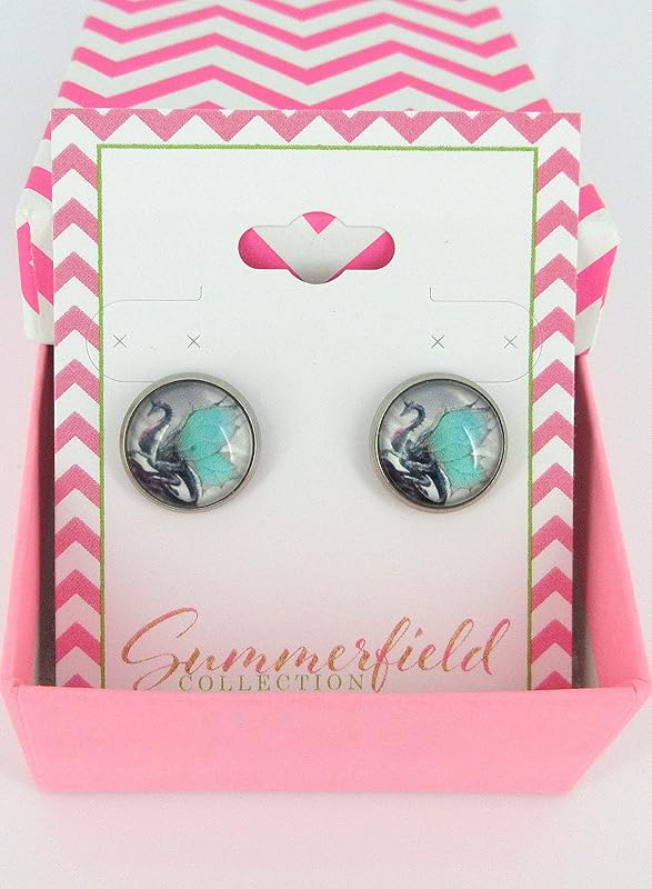 Summerfield Collection Stainless Steel Gray Black Aqua Blue Dragon Print Glass Stud Earrings 12mm