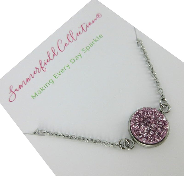 Summerfield Collection Stainless Steel Faux Druzy Stone Pendant Necklace (Lilac Purple Glitter)