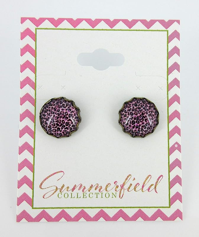 Summerfield Collection Antiqued Gold-tone Animal Print Glass Stud Earrings 12mm (Pink/Purple)