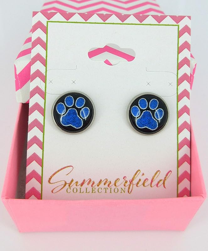 Summerfield Collection Stainless Steel Paw Print Glass Stud Earrings 12mm (Royal Blue)