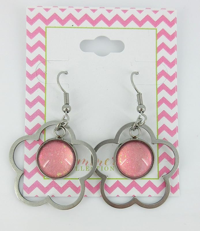 Summerfield Collection Stainless Steel Pink and Iridescent Glitter Flake Glass Flower Charm Dangle Earrings Handpainted
