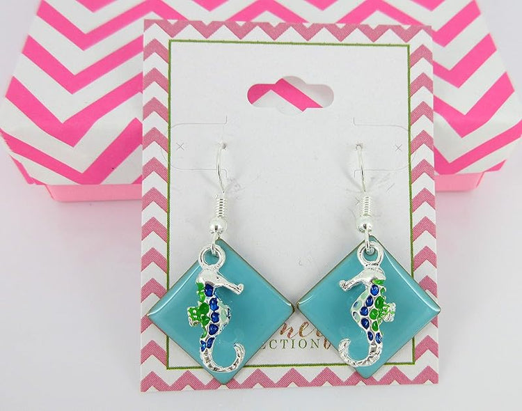 Summerfield Collection Silver-tone Blue Enamel Seahorse Charm Dangle Earrings