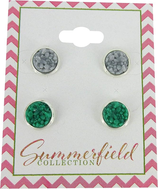 Summerfield Collection Duo Silver-tone Faux Druzy Stone Stud Earrings 8mm Set (Gray/Green)