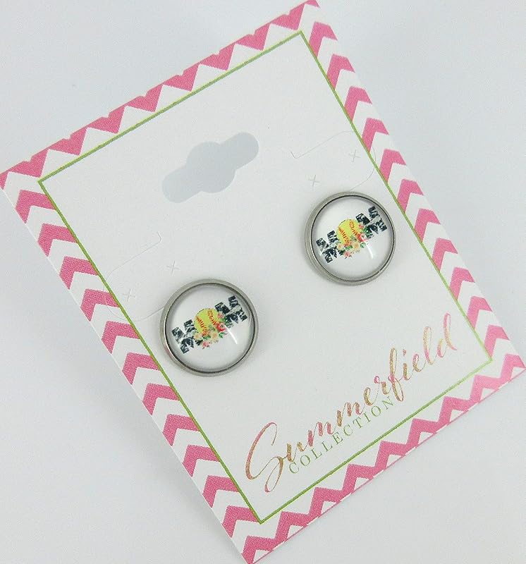 Summerfield Collection Stainless Steel Softball Mom Print Glass Stud Earrings 12mm