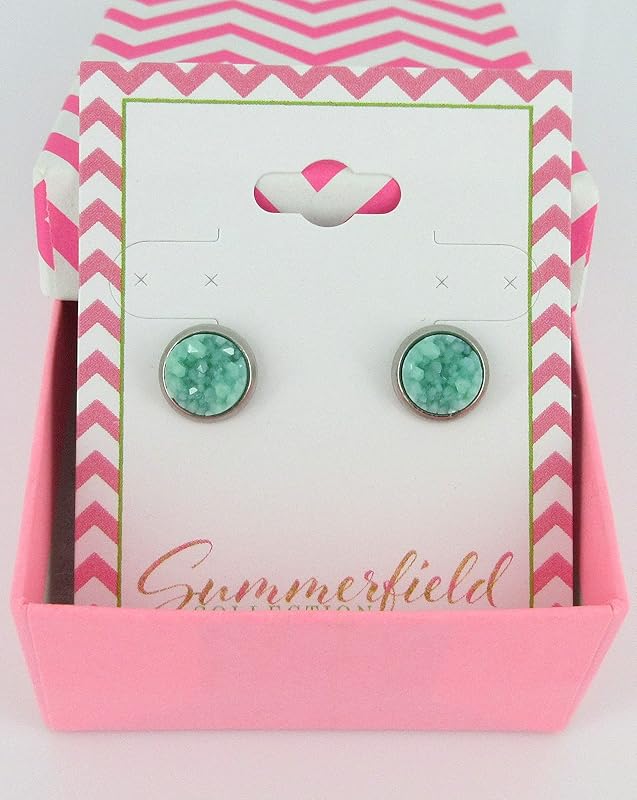 Summerfield Collection Stainless Steel Matte Faux Druzy Stone Stud Earrings 8mm (Mint Green)
