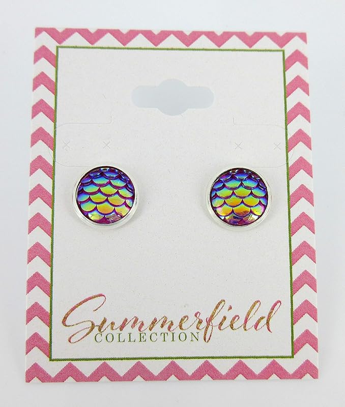 Summerfield Collection Silver-tone Pink Purple Metallic Mermaid Scale Stud Earrings 10mm
