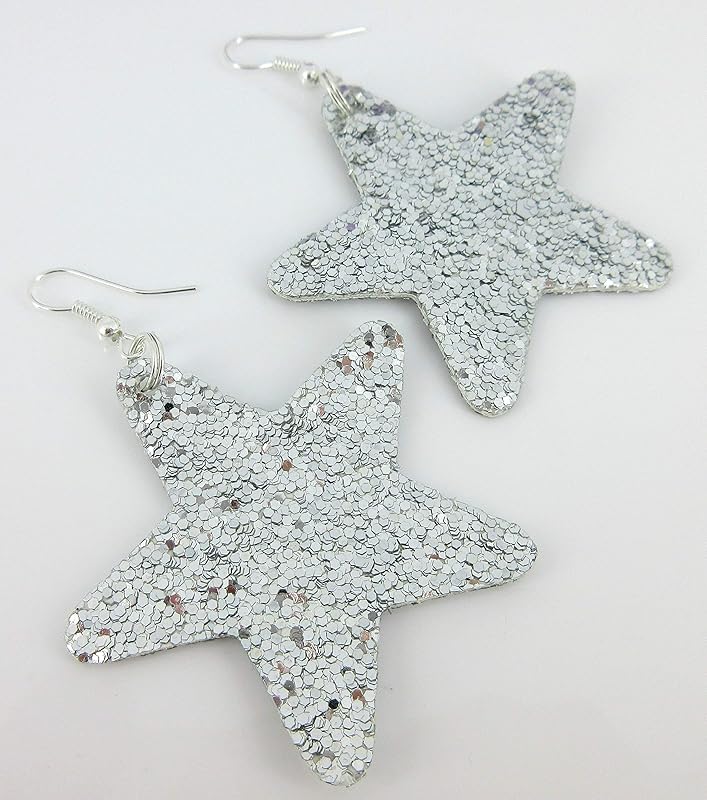 Summerfield Collection Glitter Faux Leather Large Star Dangle Earrings (Silver)