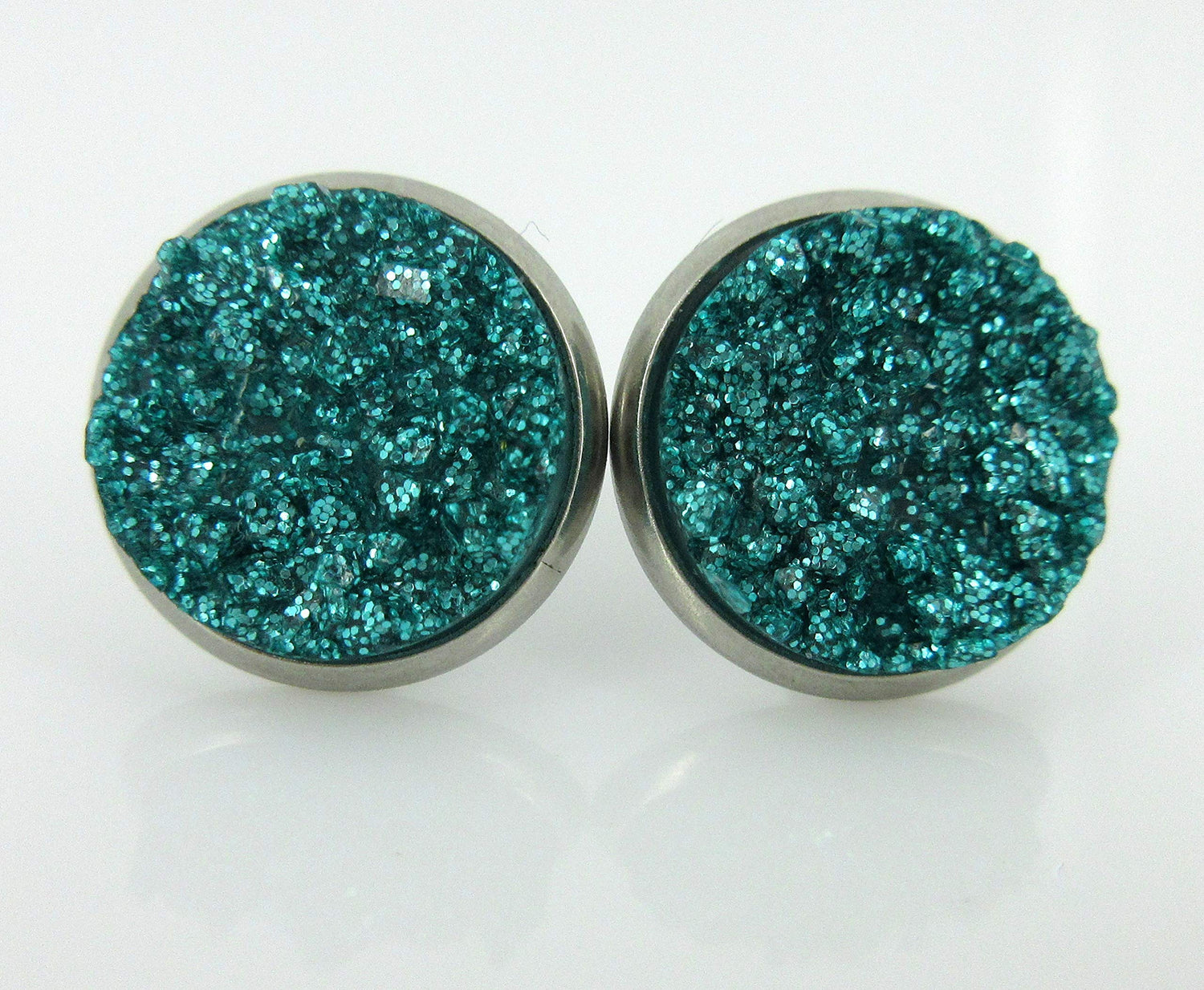 Stainless Steel Ocean Gold Teal Blue Glitter Faux Druzy Stone Stud Trio Earrings Set