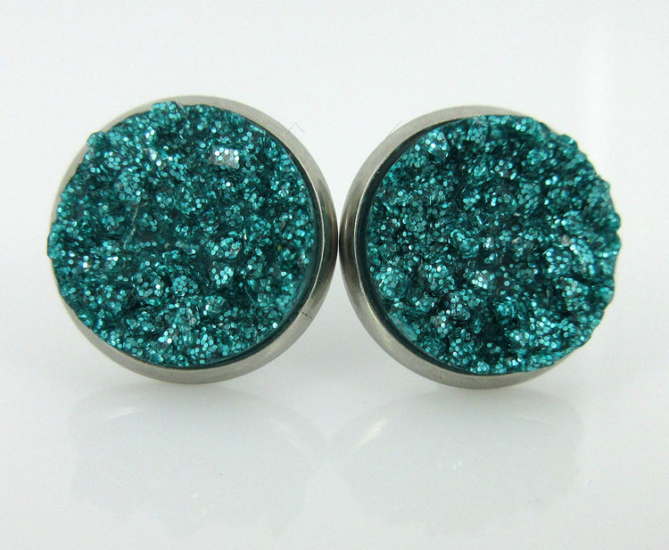 Stainless Steel Ocean Gold Teal Blue Glitter Faux Druzy Stone Stud Trio Earrings Set