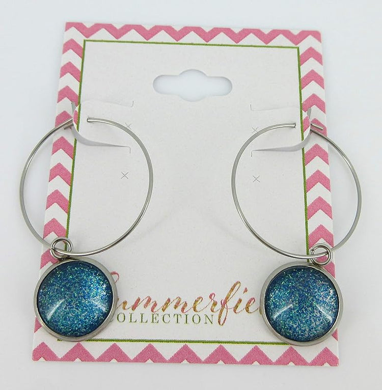Summerfield Collection Stainless Steel Blue Green Glitter Glass Charm Hoop Earrings Hand-painted 1"