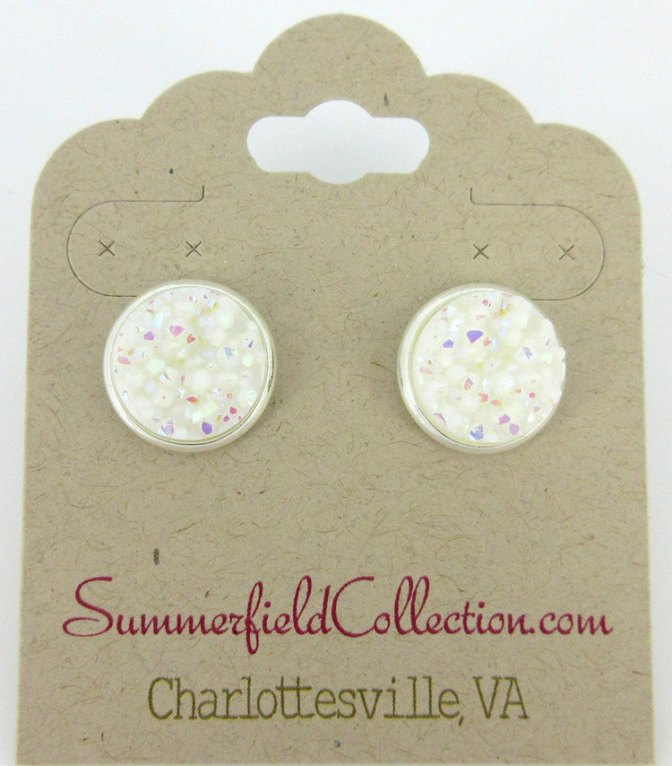 Silver-tone Solid AB Faux Druzy Stone Stud Earrings 12mm (White)