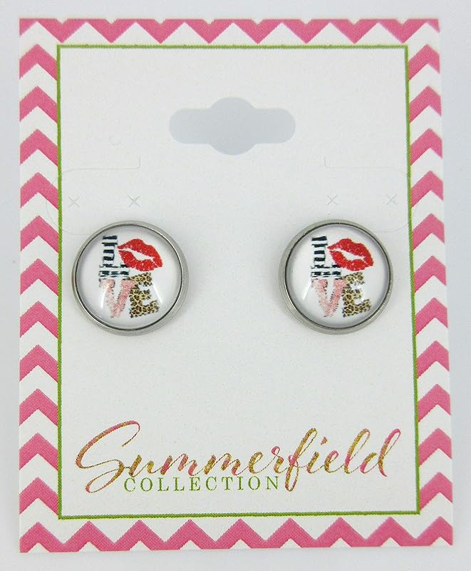 Summerfield Collection Stainless Steel Love Print Glass Stud Earrings 12mm White Animal Red Lips