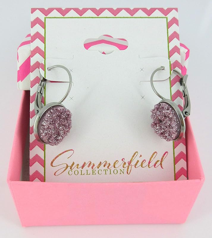 Summerfield Collection Stainless Steel Lilac Glitter Faux Druzy Stone Lever-back Drop Earrings 12mm
