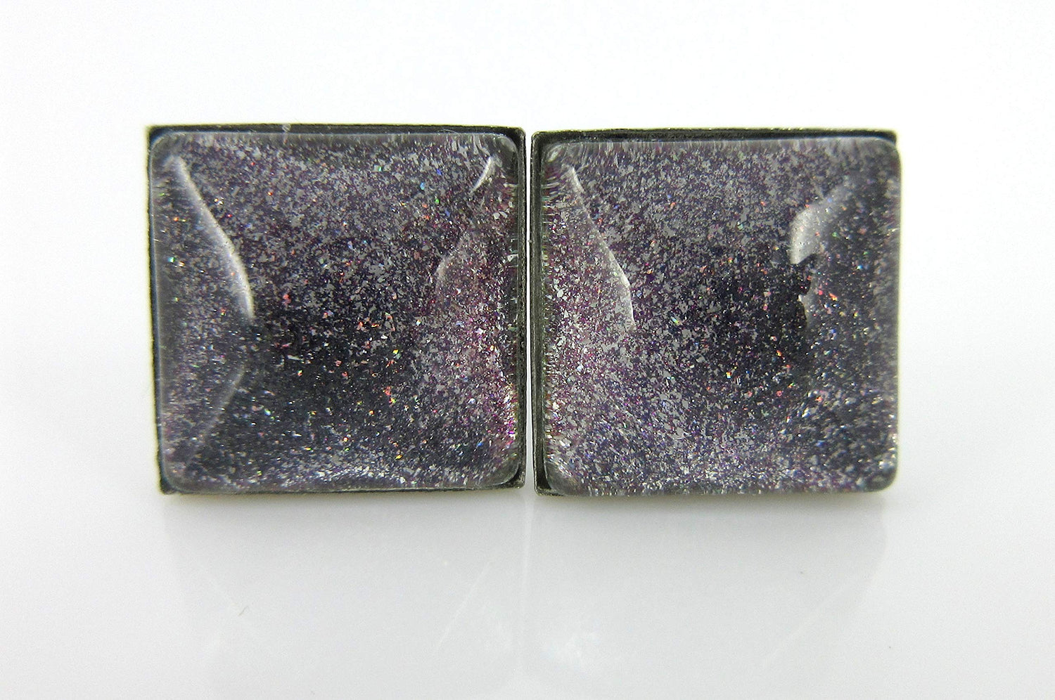 Stainless Steel Charcoal Gray Purple Green Glitter Glass Stud Earrings Hand-painted Square 10mm