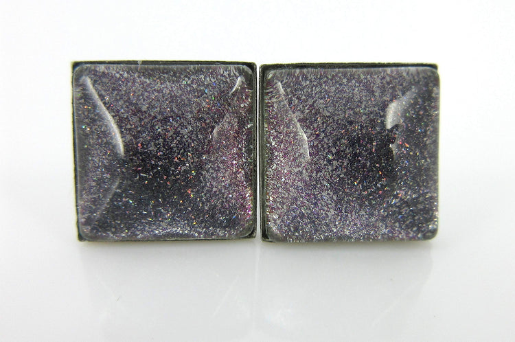 Stainless Steel Charcoal Gray Purple Green Glitter Glass Stud Earrings Hand-painted Square 10mm