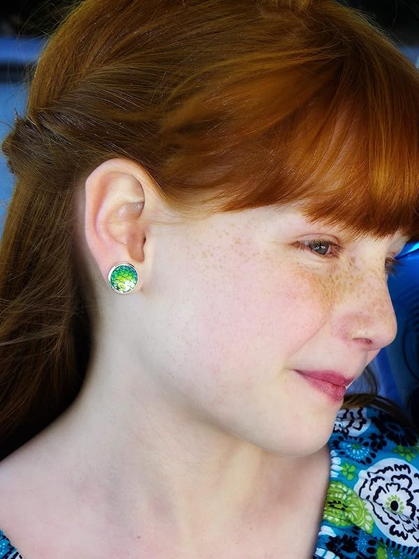 Summerfield Collection Trio Silver-tone Stud Earrings Green AB Blue Faux Druzy Stone Mermaid Scale Set 12mm