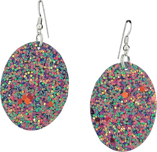 Summerfield Collection Silver-tone Glitter Faux Leather Oval Dangle Earrings (Teal and Pink)