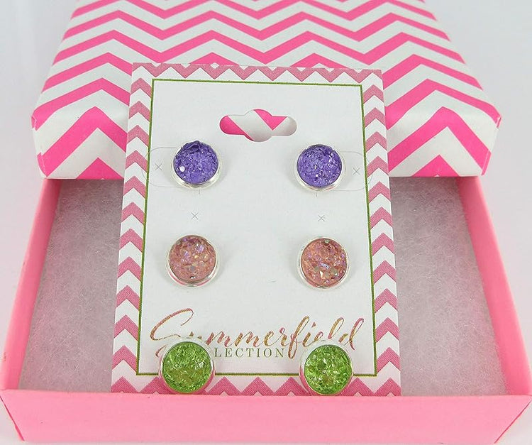Summerfield Collection Trio Silver-tone Stud Earrings 8mm Faux Druzy Stone Set (Pastel Green/Purple/Pink)
