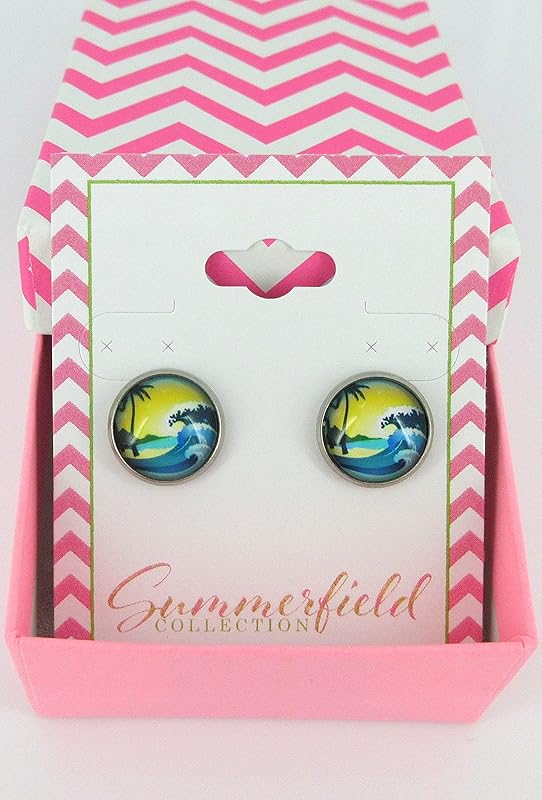 Summerfield Collection Stainless Steel Blue and Yellow Ocean Waves Scene Print Glass Stud Earrings 12mm