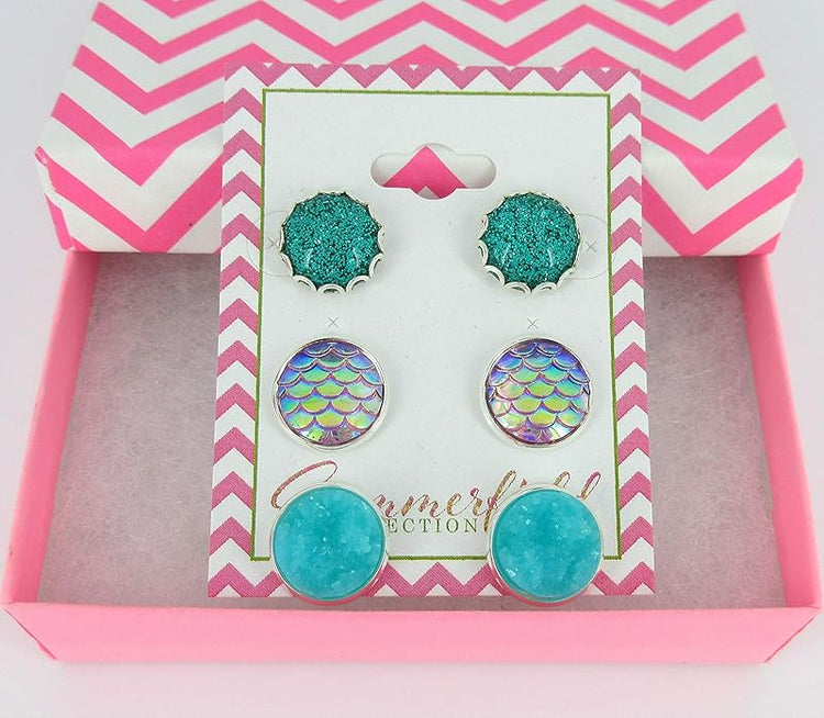 Summerfield Collection Trio Silver-tone Stud Earrings Aqua Blue Faux Druzy Stone Mermaid Scale Glitter Resin Set